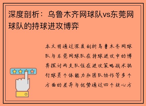 深度剖析：乌鲁木齐网球队vs东莞网球队的持球进攻博弈
